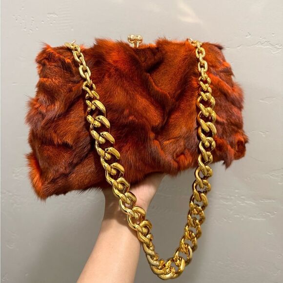 Real Fox Fur Herringbone Pattern Handmade Kisslock Clutch/Shoulder Bag/Crossbody - Picture 2 of 16